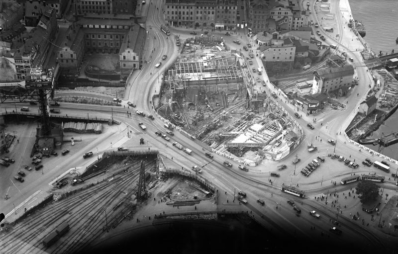 Flygbild sterifrn ver Slussen under arbete 1932